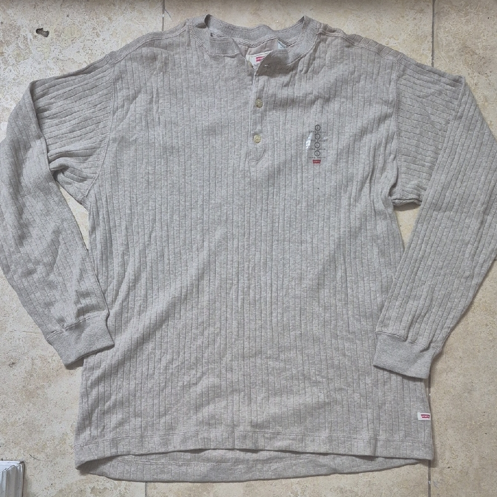 new LEVI'S Tan Ribbed Henley Men's L oatmeal Cotton Shirt Long Sleeve Pullover